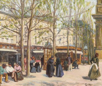 null CURTIS (XIXe - XXe SIÈCLES). Place Saint-Sulpice animée, Paris, c. 1900 Huile...