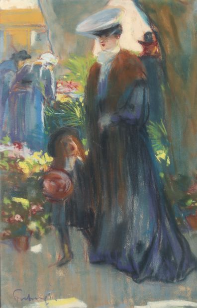 null LOUIS FORTUNEY (1875-1951). Élégante au marché aux fleurs, Paris, c. 1900...