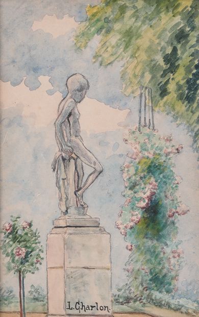 null LÉON-PAUL CHARLON (XXe SIÈCLE). Statues dans le jardin du Palais-Royal, 1942....