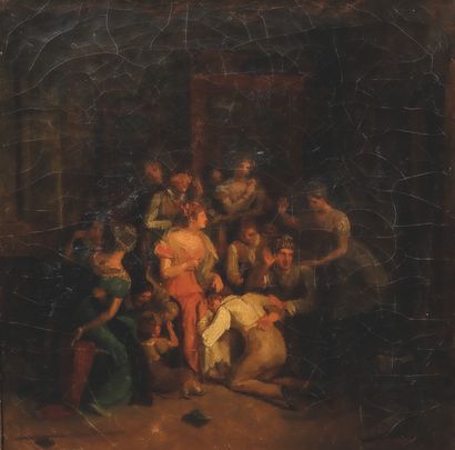 null 20世纪初法国学校。热手的游戏，约1820年。布面油画。29 x 27.5厘米。