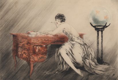 null LOUIS ICART (1888-1950). Elegant woman with goldfish, Paris. Etching in colors,...
