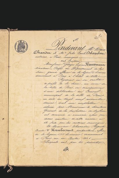 null (HAUSSMANN GEORGES EUGÈNE, BARON (1809-1891)). Handwritten notarized deed dated...
