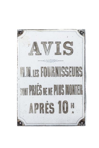 null INFORMATION PLATE OF BUILDING, NOTICE TO THE SUPPLIERS, PARIS
Enameled iron,...