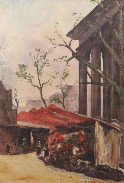 null SOMELLI. The Flower Market, Place de la Madeleine, Paris, c. 1930. Oil on canvas,...