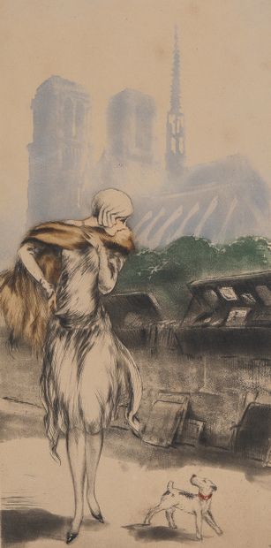 null LOUIS ICART (1888-1950). Élégante devant Notre-Dame, Paris. Eau forte en couleurs,...