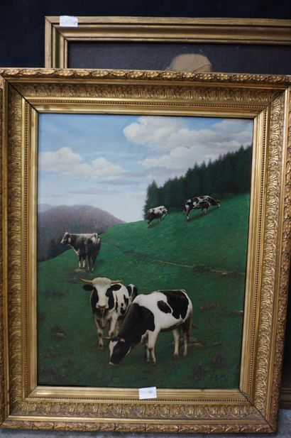 null Ecole Moderne. Vaches dans la prairie. Huile sur toile.