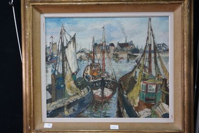 null René CLAROT (1882-1972), Voiliers au port, huile sur toile signée en bas à droite...
