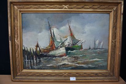 null Gustave HELINCK (1884-1954). Deux voiliers approchant du rivage. Huile sur toile...