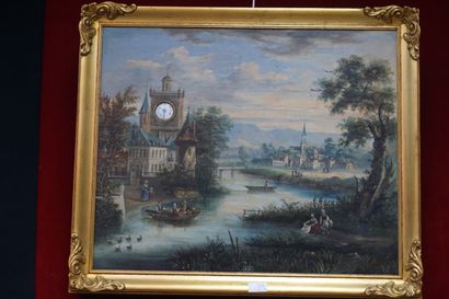 null Ecole française fin XIXème siècle. Scène de rivière animée avec château et lavandières....