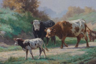 null Michel-Edouard HAMMAN (1854-1952), Le retour des vaches, huile sur toile signée...