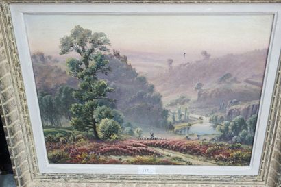 null GASTON ANGLADE (1854-1919). Paysage aux bruyères en fleurs. Huile sur toile,...