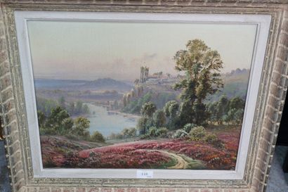 null GASTON ANGLADE (1854-1919). Paysage de gorges aux bruyères en fleurs. Huile...