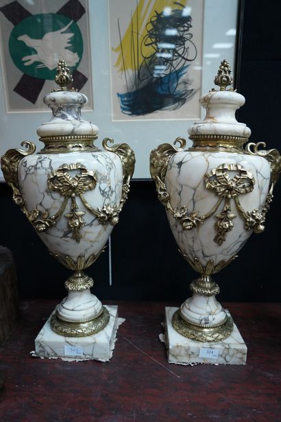 null Paire de vases couverts décoratifs en marbre et ornementations de métal doré...