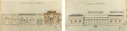 Henri FIVAZ (1856 - 1933) Projets de bibliothèque néo-égyptienne, façade latérale,...