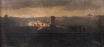 Ecole FRANCAISE, vers 1810 Paris au crépuscule, le Louvre depuis le Pont Neuf. Huile...