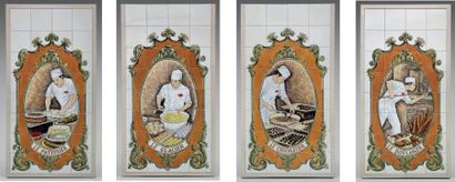 null Suite de quatre panneaux décoratifs de boulangerie-pâtisserie composés de carreaux...