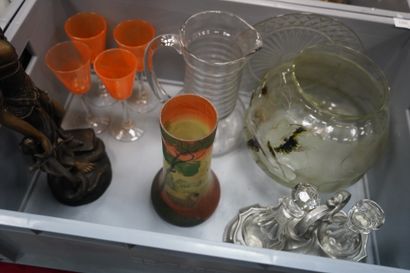null Ensemble de verrerie : verres à pied, vases dans le goût de Legras, vase boule...