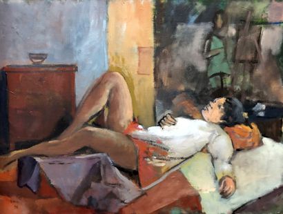null RAYMOND PARGAMIN (1915 - 2010) 

Nu féminin dans un atelier. 

Huile sur toile,...