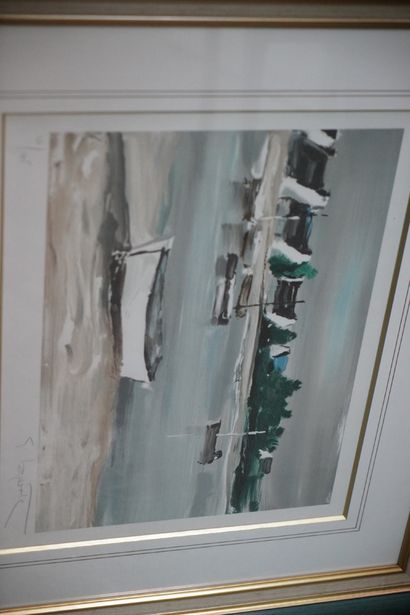 null Georges LAPORTE (1926-2000). La barque blanche. Lithographie en couleurs, signée...