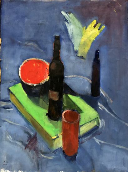 null RAYMOND PARGAMIN (1915 - 2010) 

Nature morte aux bouteilles et au livre vert....