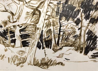 null RAYMOND PARGAMIN (1915 - 2010). Forêt de Fontainebleau. Feutre sur papier marouflé...