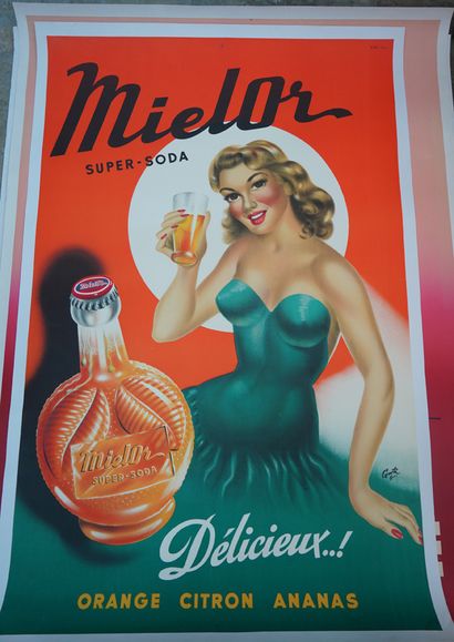 null MIELOR Super Soda. Délicieux Orange - Citron - Ananas. Affiche lithographique...