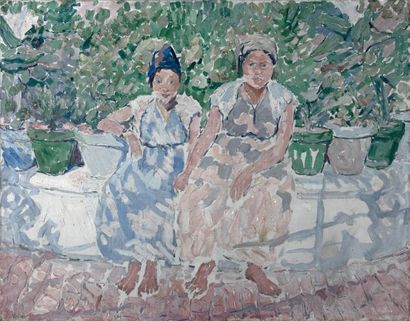 Suzanne DINKES Deux femmes marocaines assises au jardin Huile sur toile non signée...