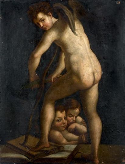 École Italienne du XVIIIe siècle Cupidon taillant son arc Huile sur toile (rentoilée)...