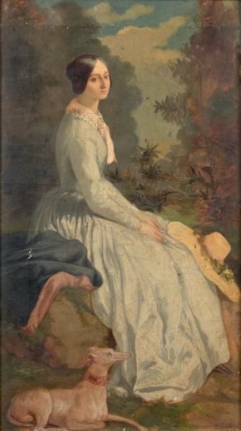 Joseph GUICHARD (1806-1880) Jeune femme au lévrier Huile sur toile signée et datée...
