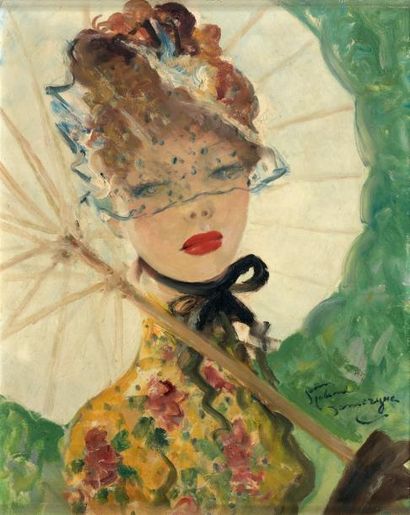 Jean-Gabriel DOMERGUE (1889-1962) Jeune femme à l'ombrelle Huile sur panneau d'isorel...