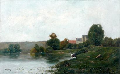 Henri Jacques DELPY (1877-1957) Lavandière dans un paysage lacustre. Huile sur toile,...
