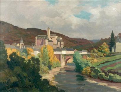 Maurice MÉNARDEAU (1897-1977) Le village d'Estaing, le château. Huile sur toile,...