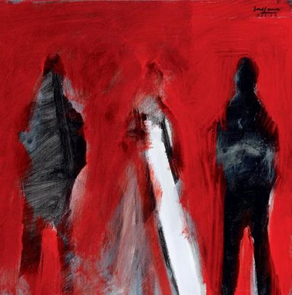 David SOUSSANA (né en 1944) Trois personnages en noir et blanc sur fond rouge. Acrylique...