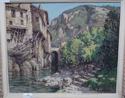 null R. ETEVE. Vue de village montagneux au pont, huile sur toile signée en bas à...