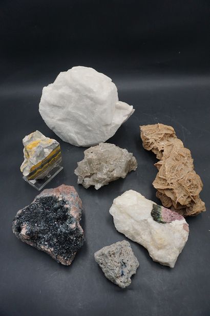 null NATURALIA. Réunion de minéraux dont tourmaline, bicolore sur quartz, hématite,quartz...