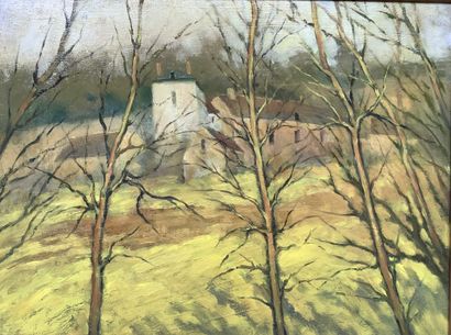 Pierre CHABIN. Maisons à travers les arbres, 2014. Peinture à l’huile. 65 x 50 c...
