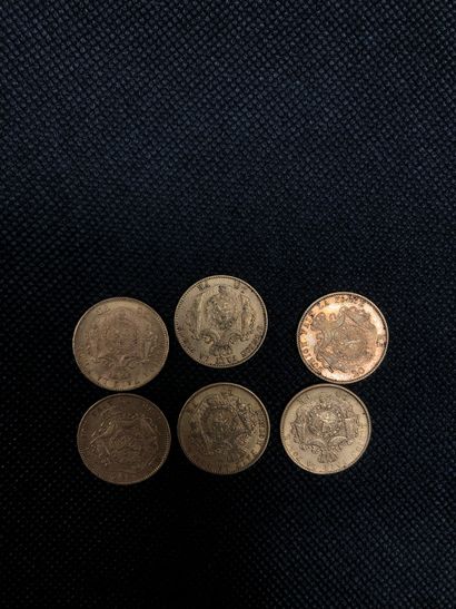 null Six pièces de vingt francs Leopold II or, Poids. 38,5 grammes. Sans frais acheteurs....