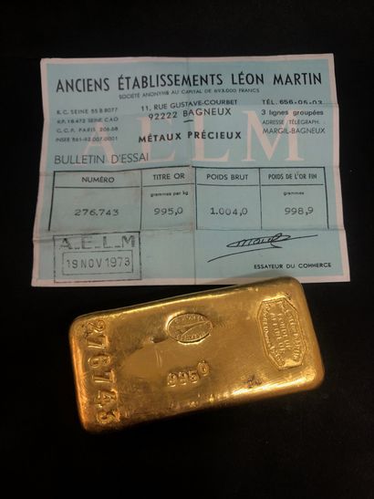 null Lingot d'or n°276 743. 995 millièmes. Poids brut. 1004 g. Poids de l'or fin....