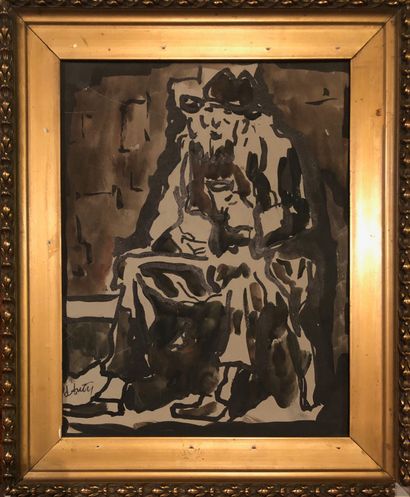 null Henry d'ANTY (1910-1998). Le vieil homme assis. Encre et aquarelle sur carton,...