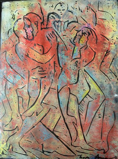 Maria Amaral (née en 1950) Le bal, 2020. Gravure sur bois monotype rehaussée au pastel....