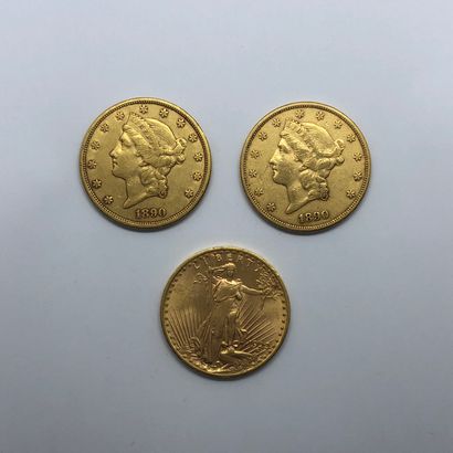 null Trois pièces en or de 20 dollars américains dont : deux Miss Liberty datée 1890...