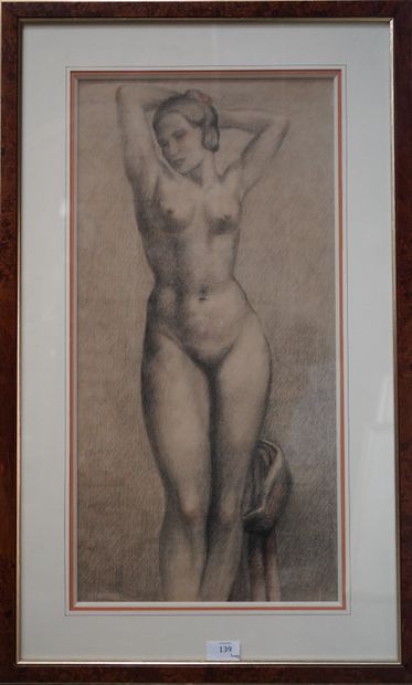 null Auguste PITON (XX), Nu féminin, dessin, encadré sous verre.