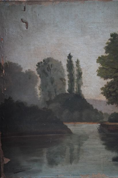 null Léon LOISEAU, L'étang, huile sur toile, très accidentée.