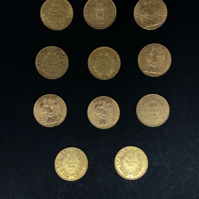 null Réunion de 11 pièces 20 francs or comprenant : 5 Napoléon III non lauré et 1...