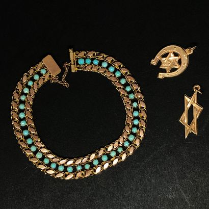 null Réunion de bijoux en or 525 (14k), comprenant un bracelet orné de pierres bleues...