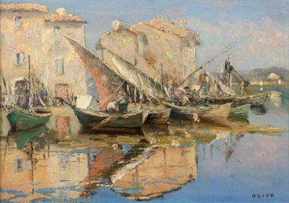 Henri OLIVE dit Olive des Martigues (1898-1990) Bateaux au port Panneau signé en...