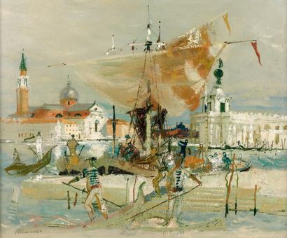 Lucien Joseph Fontanarosa (1912-1975) Venise, la Douane et la Salute Toile signée...