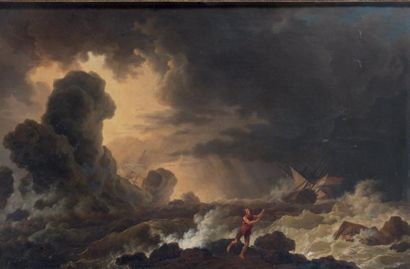 Olivier LE MAY (1734-1797) Mer démontée le long d'une côte rocheuse Toile. 63 x 97...