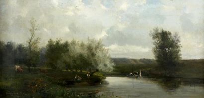 Jean DESBROSSES (1835-1906) Pêcheurs dans un paysage Toile signée en bas à gauche....