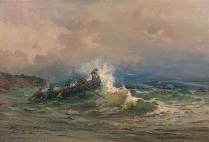 Firmin BARRIÈRE (XIXème siècle) Barque dans la tempête Huile sur toile signée en...